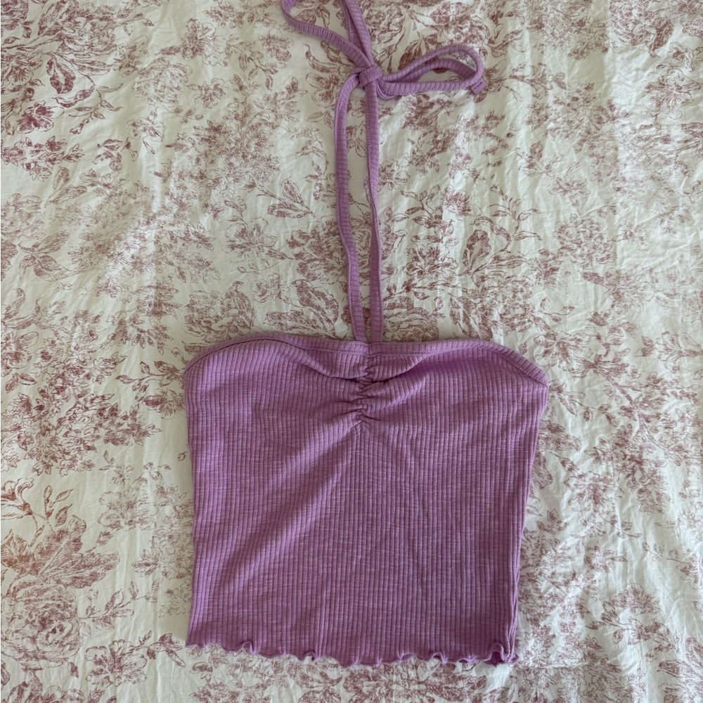 Purple Ribbed Halter Crop Top